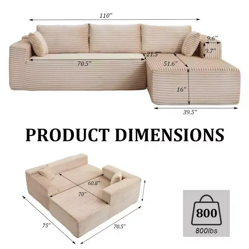 Canapé sectionnel de compression en forme de L Whisen 2 places avec tissu doux en velours côtelé, aucun assemblage requis