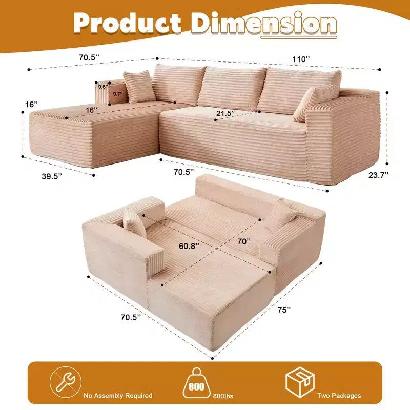 Canapé sectionnel de compression en forme de L Whisen 2 places avec tissu doux en velours côtelé, aucun assemblage requis