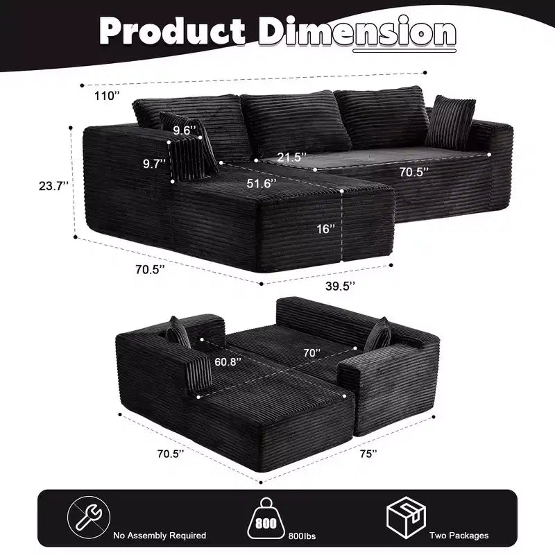 Canapé sectionnel de compression en forme de L Whisen 2 places avec tissu doux en velours côtelé, aucun assemblage requis