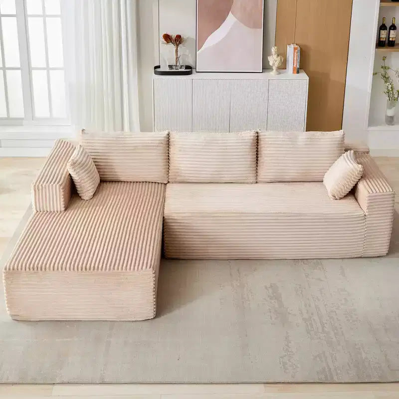 Canapé sectionnel de compression en forme de L Whisen 2 places avec tissu doux en velours côtelé, aucun assemblage requis