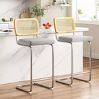 PexFix 2Pcs Counter Height Bar Stools Upholstered Velvet Barstools with Rattan Back 30 Height Stools Armless Bar Chairs for Kitchen Island Grey