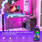 Bureau d'ordinateur de 43 pouces, bureau en L avec prises de courant et lumières LED, bureau de jeu à 3 tiroirs avec étagères de rangement et support d'écran