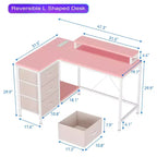 Bureau d'ordinateur de 43 pouces, bureau en L avec prises de courant et lumières LED, bureau de jeu à 3 tiroirs avec étagères de rangement et support d'écran