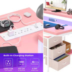 Bureau d'ordinateur de 43 pouces, bureau en L avec prises de courant et lumières LED, bureau de jeu à 3 tiroirs avec étagères de rangement et support d'écran