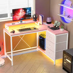 Bureau d'ordinateur de 43 pouces, bureau en L avec prises de courant et lumières LED, bureau de jeu à 3 tiroirs avec étagères de rangement et support d'écran