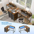 Bureau d'ordinateur de 43 pouces, bureau en L avec prises de courant et lumières LED, bureau de jeu à 3 tiroirs avec étagères de rangement et support d'écran