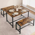 Ensemble de Table à Manger de Ferme CuisinSmart pour 4 Personnes, Ensemble Table de Cuisine de 112 cm avec 2 Bancs, Ensemble Table de Petit Déjeuner Rectangulaire 3 Pièces