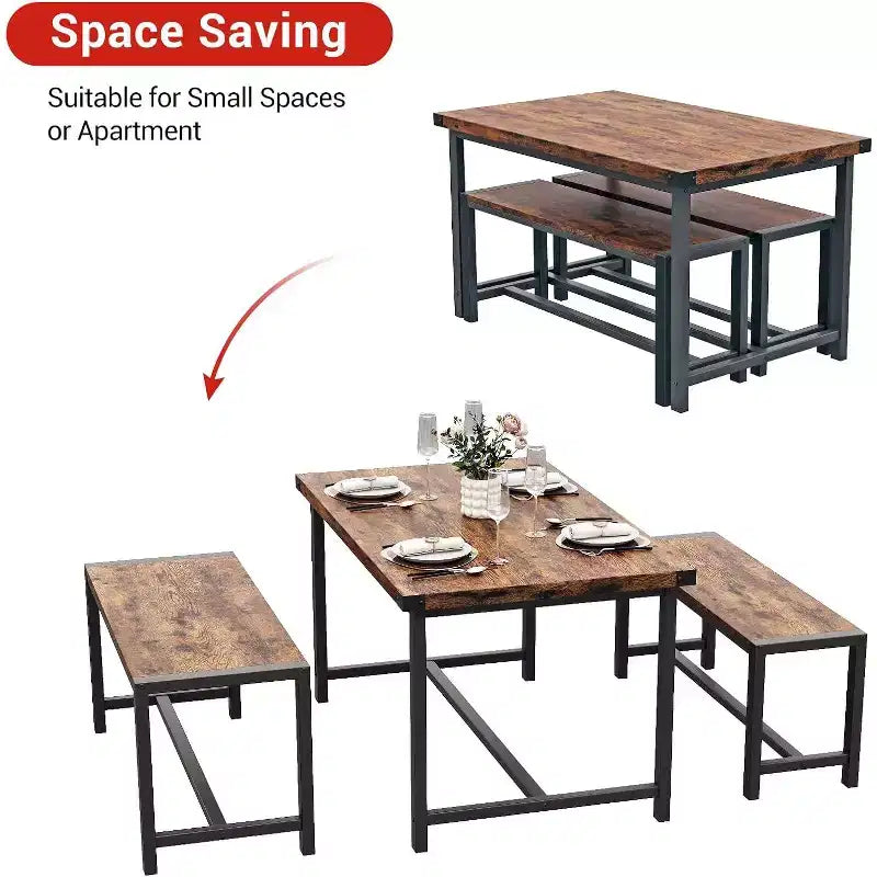 Ensemble de Table à Manger de Ferme CuisinSmart pour 4 Personnes, Ensemble Table de Cuisine de 112 cm avec 2 Bancs, Ensemble Table de Petit Déjeuner Rectangulaire 3 Pièces