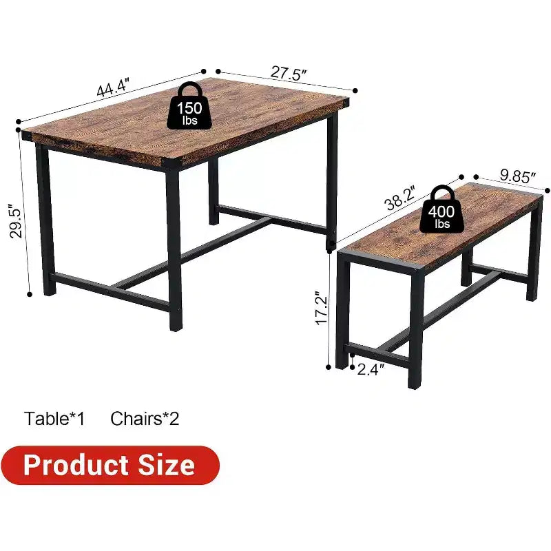 Ensemble de Table à Manger de Ferme CuisinSmart pour 4 Personnes, Ensemble Table de Cuisine de 112 cm avec 2 Bancs, Ensemble Table de Petit Déjeuner Rectangulaire 3 Pièces
