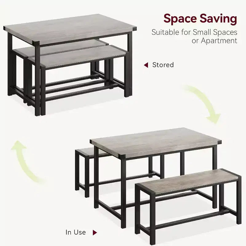 Ensemble de Table à Manger de Ferme CuisinSmart pour 4 Personnes, Ensemble Table de Cuisine de 112 cm avec 2 Bancs, Ensemble Table de Petit Déjeuner Rectangulaire 3 Pièces