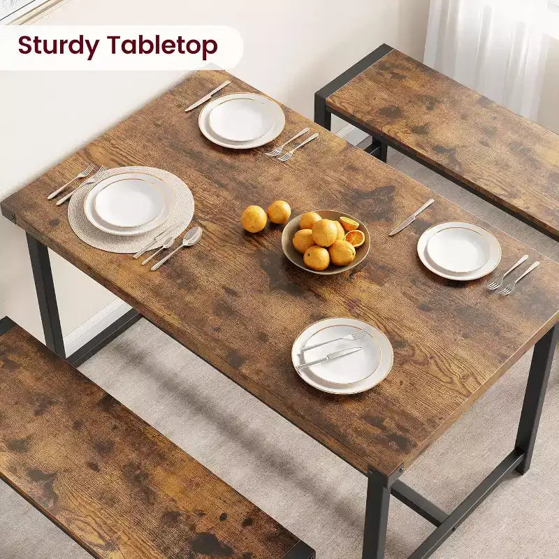 Ensemble de Table à Manger de Ferme CuisinSmart pour 4 Personnes, Ensemble Table de Cuisine de 112 cm avec 2 Bancs, Ensemble Table de Petit Déjeuner Rectangulaire 3 Pièces