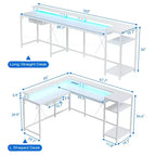Bureau de jeu en forme de L de 68 po, bureau d'ordinateur avec prises de courant et lumières LED, bureau à domicile avec tiroir de classement, bureau d'angle avec étagère pour moniteur et crochet