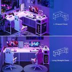 Bureau de jeu en forme de L de 68 po, bureau d'ordinateur avec prises de courant et lumières LED, bureau à domicile avec tiroir de classement, bureau d'angle avec étagère pour moniteur et crochet
