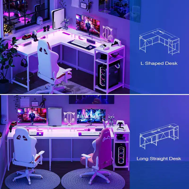 Bureau de jeu en forme de L de 68 po, bureau d'ordinateur avec prises de courant et lumières LED, bureau à domicile avec tiroir de classement, bureau d'angle avec étagère pour moniteur et crochet
