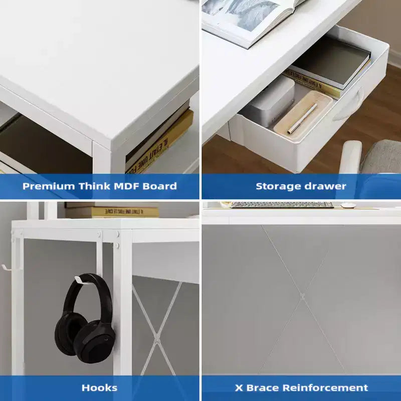 Bureau de jeu en forme de L de 68 po, bureau d'ordinateur avec prises de courant et lumières LED, bureau à domicile avec tiroir de classement, bureau d'angle avec étagère pour moniteur et crochet