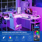 Bureau de jeu en forme de L de 68 po, bureau d'ordinateur avec prises de courant et lumières LED, bureau à domicile avec tiroir de classement, bureau d'angle avec étagère pour moniteur et crochet