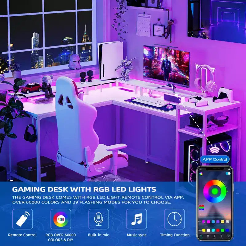 Bureau de jeu en forme de L de 68 po, bureau d'ordinateur avec prises de courant et lumières LED, bureau à domicile avec tiroir de classement, bureau d'angle avec étagère pour moniteur et crochet