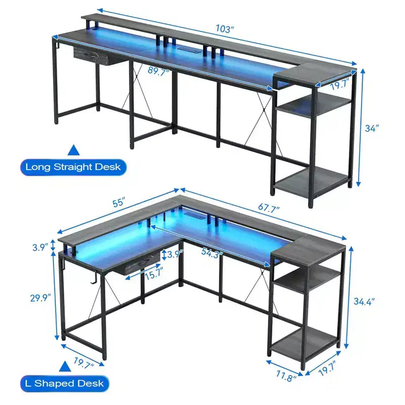 Bureau de jeu en forme de L de 68 po, bureau d'ordinateur avec prises de courant et lumières LED, bureau à domicile avec tiroir de classement, bureau d'angle avec étagère pour moniteur et crochet