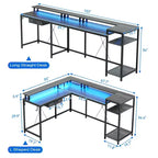 Bureau de jeu en forme de L de 68 po, bureau d'ordinateur avec prises de courant et lumières LED, bureau à domicile avec tiroir de classement, bureau d'angle avec étagère pour moniteur et crochet