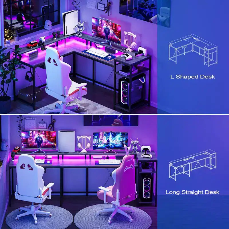 Bureau de jeu en forme de L de 68 po, bureau d'ordinateur avec prises de courant et lumières LED, bureau à domicile avec tiroir de classement, bureau d'angle avec étagère pour moniteur et crochet