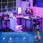 Bureau de jeu en forme de L de 68 po, bureau d'ordinateur avec prises de courant et lumières LED, bureau à domicile avec tiroir de classement, bureau d'angle avec étagère pour moniteur et crochet