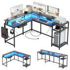 68L Shaped Gaming Desk, Computer Desk with Power Outlets & LED Lights, Home Office Desk with File Drawer, Corner Desk with Monitor Shelf and Hook
