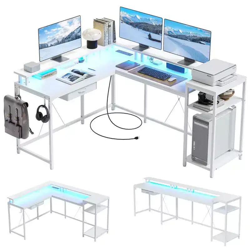Bureau de jeu en forme de L de 68 po, bureau d'ordinateur avec prises de courant et lumières LED, bureau à domicile avec tiroir de classement, bureau d'angle avec étagère pour moniteur et crochet