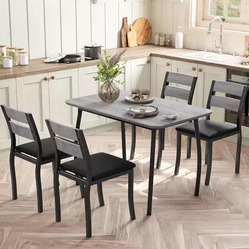 Ensemble de salle à manger pour 4, table de cuisine en bois avec 4 chaises rembourrées, ensemble de salle à manger compact avec design chanfreiné pour petite cuisine ou appartement