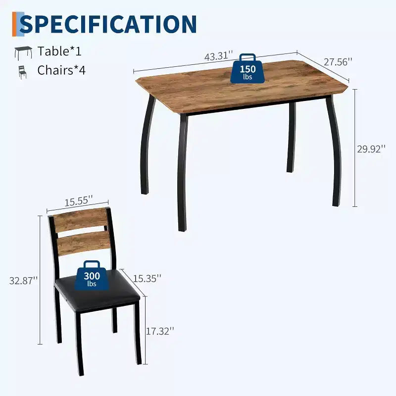 Ensemble de salle à manger pour 4, table de cuisine en bois avec 4 chaises rembourrées, ensemble de salle à manger compact avec design chanfreiné pour petite cuisine ou appartement