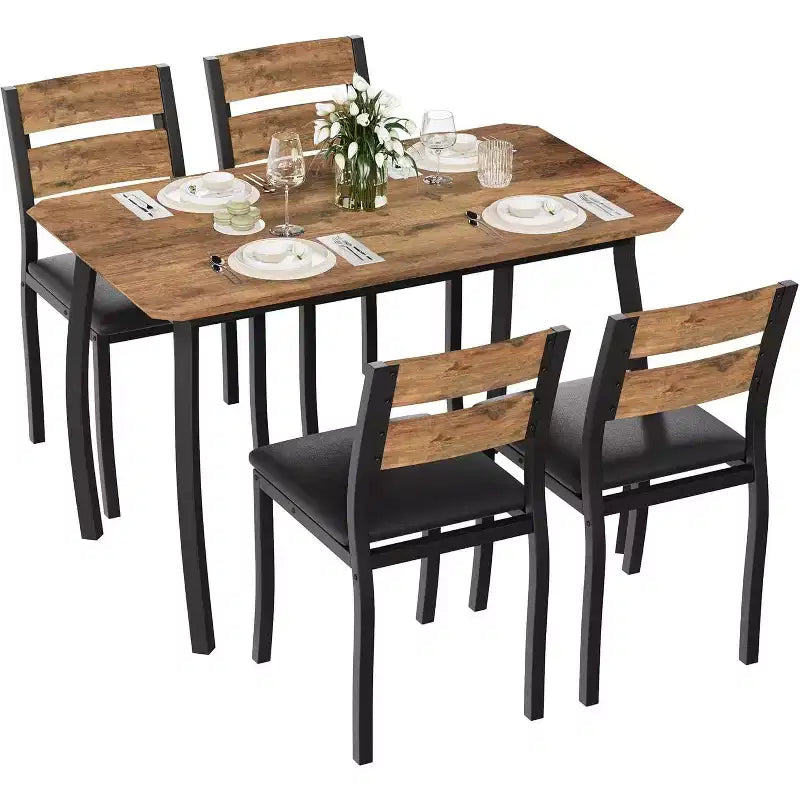 Ensemble de salle à manger pour 4, table de cuisine en bois avec 4 chaises rembourrées, ensemble de salle à manger compact avec design chanfreiné pour petite cuisine ou appartement