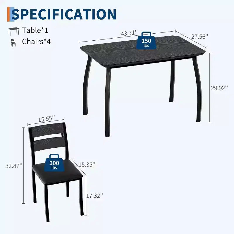 Ensemble de salle à manger pour 4, table de cuisine en bois avec 4 chaises rembourrées, ensemble de salle à manger compact avec design chanfreiné pour petite cuisine ou appartement