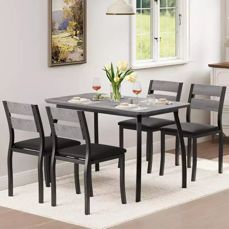 Ensemble de salle à manger pour 4, table de cuisine en bois avec 4 chaises rembourrées, ensemble de salle à manger compact avec design chanfreiné pour petite cuisine ou appartement