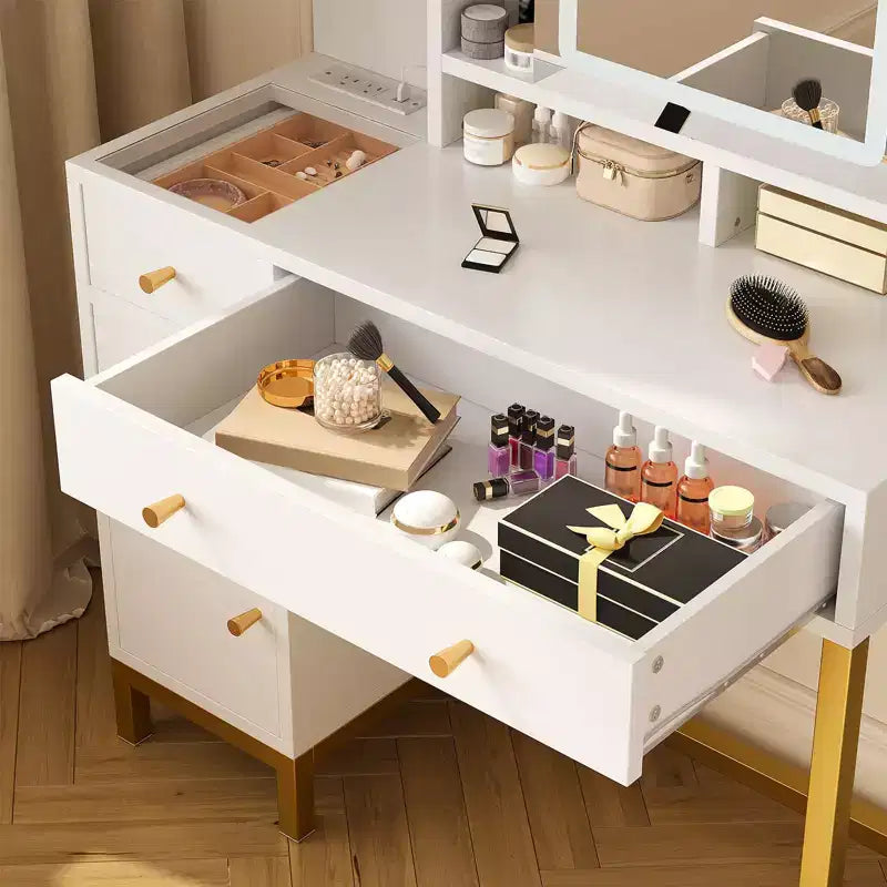 GustoWave Coiffeuse blanche avec miroir et lumières, table de maquillage avec miroir éclairé LED et prise de courant, 3 couleurs d'éclairage pour chambre à coucher