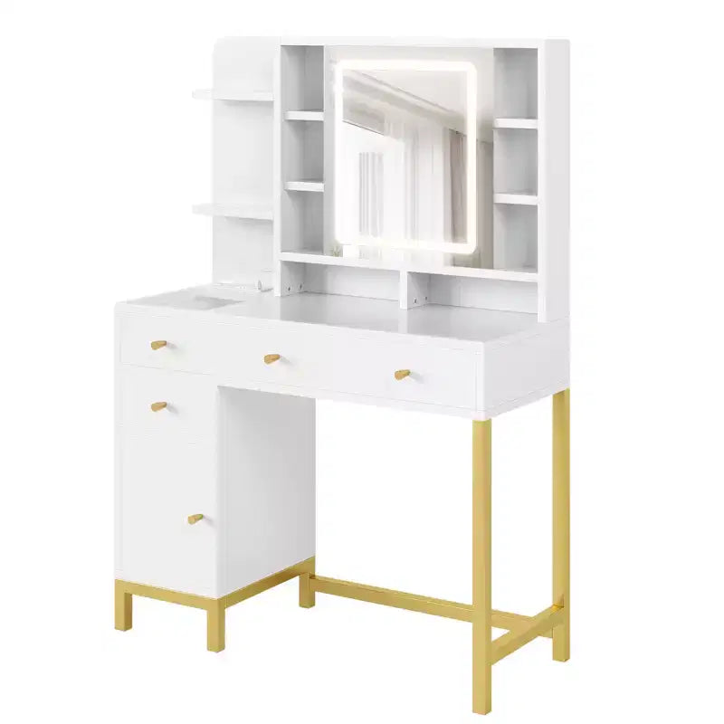 GustoWave Coiffeuse blanche avec miroir et lumières, table de maquillage avec miroir éclairé LED et prise de courant, 3 couleurs d'éclairage pour chambre à coucher