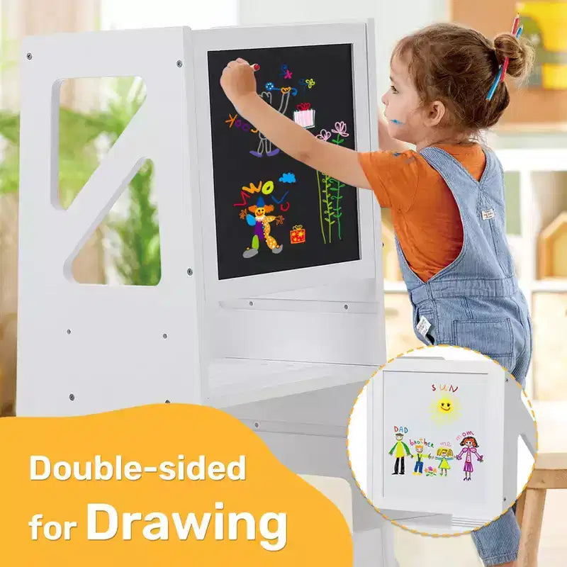 Marchepied en bois pour tout-petits, Tour d'apprentissage blanche pour tout-petits avec tableau noir et tableau blanc