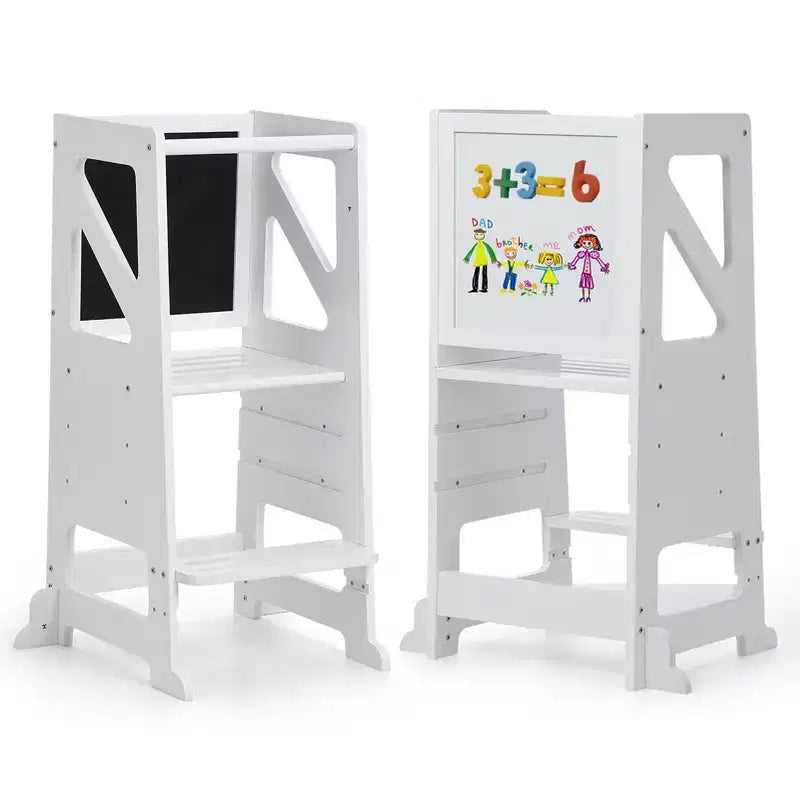 Marchepied en bois pour tout-petits, Tour d'apprentissage blanche pour tout-petits avec tableau noir et tableau blanc