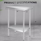 Table en acier inoxydable, plan de travail robuste avec étagère inférieure réglable et roulettes verrouillables, table de préparation en métal à 2 niveaux pour cuisine, restaurant, garage