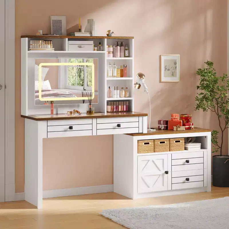Coiffeuse GustoWave avec Plateau en Verre et Station de Recharge, Miroir Tactile et Lumières, Meuble Coiffeuse avec 5 Tiroirs, 6 Étagères Ouvertes, Antique