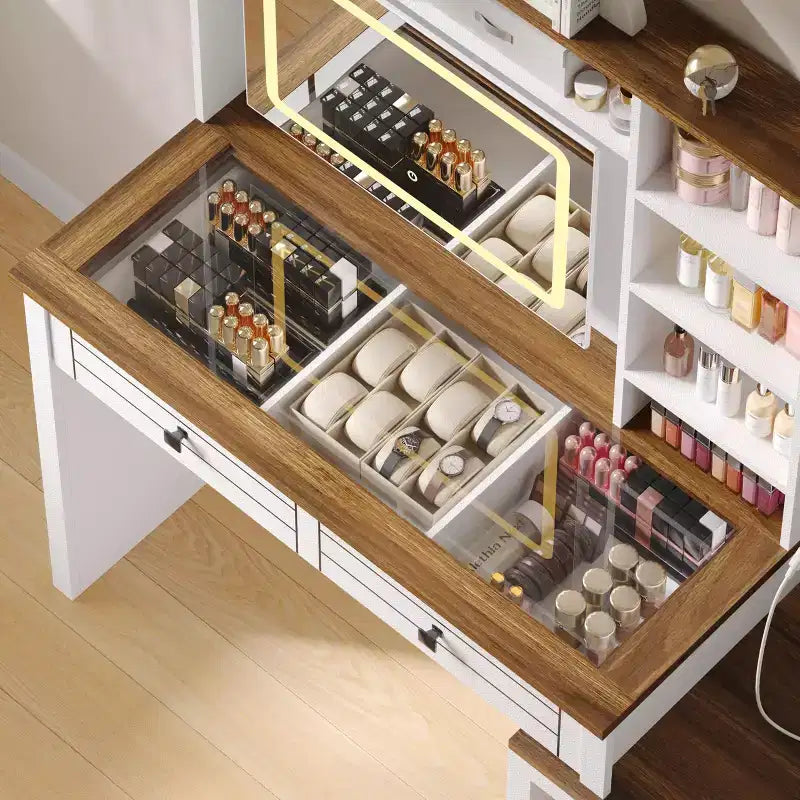 Coiffeuse GustoWave avec Plateau en Verre et Station de Recharge, Miroir Tactile et Lumières, Meuble Coiffeuse avec 5 Tiroirs, 6 Étagères Ouvertes, Antique