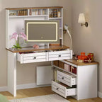 Coiffeuse GustoWave avec Plateau en Verre et Station de Recharge, Miroir Tactile et Lumières, Meuble Coiffeuse avec 5 Tiroirs, 6 Étagères Ouvertes, Antique
