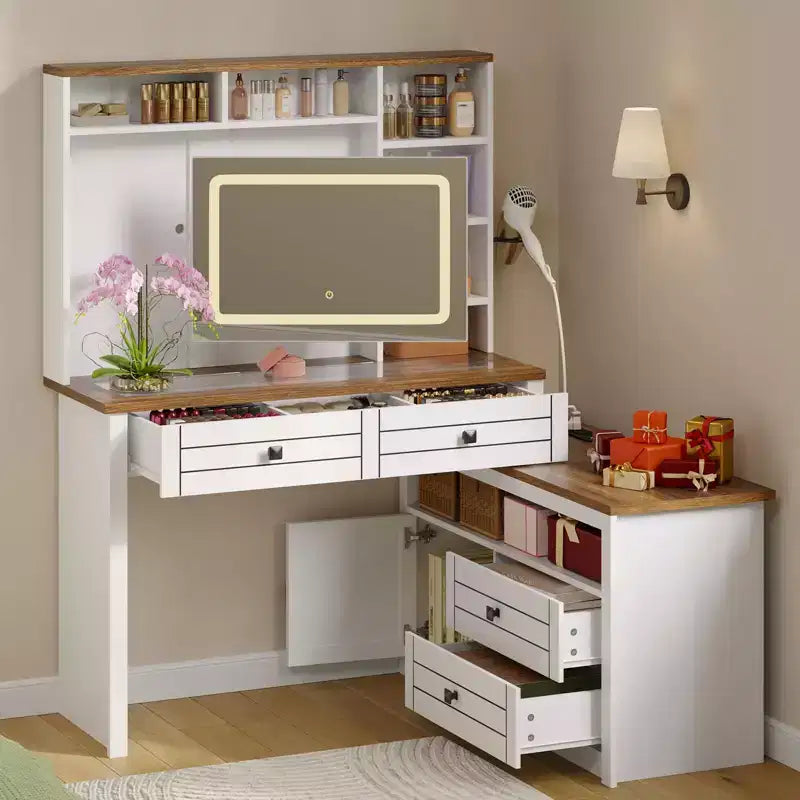 Coiffeuse GustoWave avec Plateau en Verre et Station de Recharge, Miroir Tactile et Lumières, Meuble Coiffeuse avec 5 Tiroirs, 6 Étagères Ouvertes, Antique