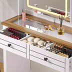 Coiffeuse GustoWave avec Plateau en Verre et Station de Recharge, Miroir Tactile et Lumières, Meuble Coiffeuse avec 5 Tiroirs, 6 Étagères Ouvertes, Antique