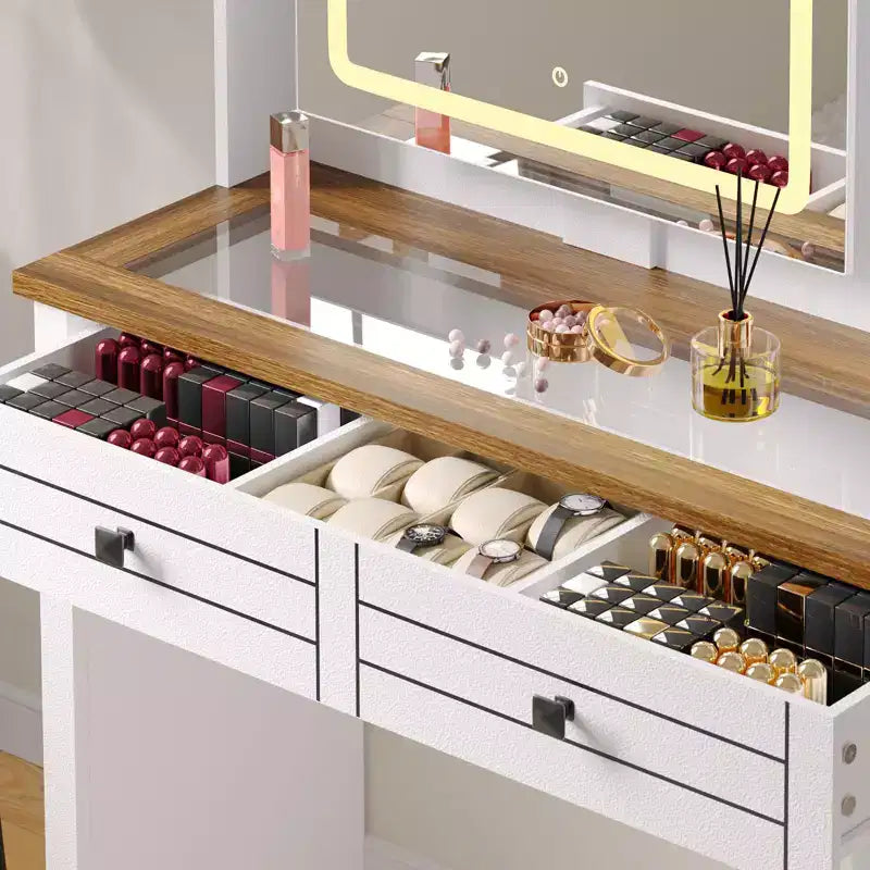 Coiffeuse GustoWave avec Plateau en Verre et Station de Recharge, Miroir Tactile et Lumières, Meuble Coiffeuse avec 5 Tiroirs, 6 Étagères Ouvertes, Antique