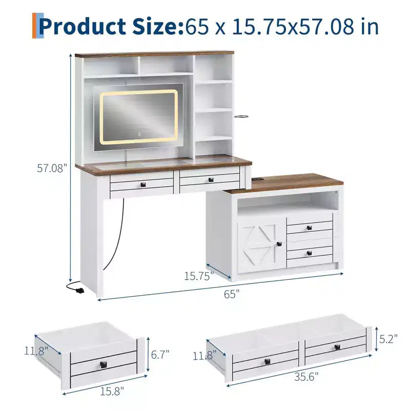 Coiffeuse GustoWave avec Plateau en Verre et Station de Recharge, Miroir Tactile et Lumières, Meuble Coiffeuse avec 5 Tiroirs, 6 Étagères Ouvertes, Antique