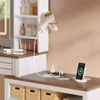 Coiffeuse GustoWave avec Plateau en Verre et Station de Recharge, Miroir Tactile et Lumières, Meuble Coiffeuse avec 5 Tiroirs, 6 Étagères Ouvertes, Antique