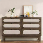 52.1 Commode de chambre en rotin, commode en bois à 6 tiroirs - Pieds en bois, station de charge, grande