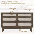 52.1 Commode de chambre en rotin, commode en bois à 6 tiroirs - Pieds en bois, station de charge, grande