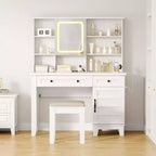 Coiffeuse de maquillage GustoWave, Coiffeuse avec miroir et lumières et prise de courant, Table de maquillage avec 2 tiroirs et tabouret rembourré, Table de maquillage