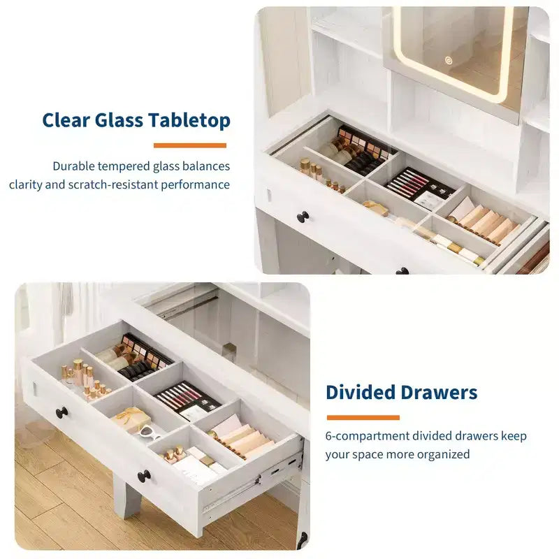Coiffeuse de maquillage GustoWave, Coiffeuse avec miroir et lumières et prise de courant, Table de maquillage avec 2 tiroirs et tabouret rembourré, Table de maquillage