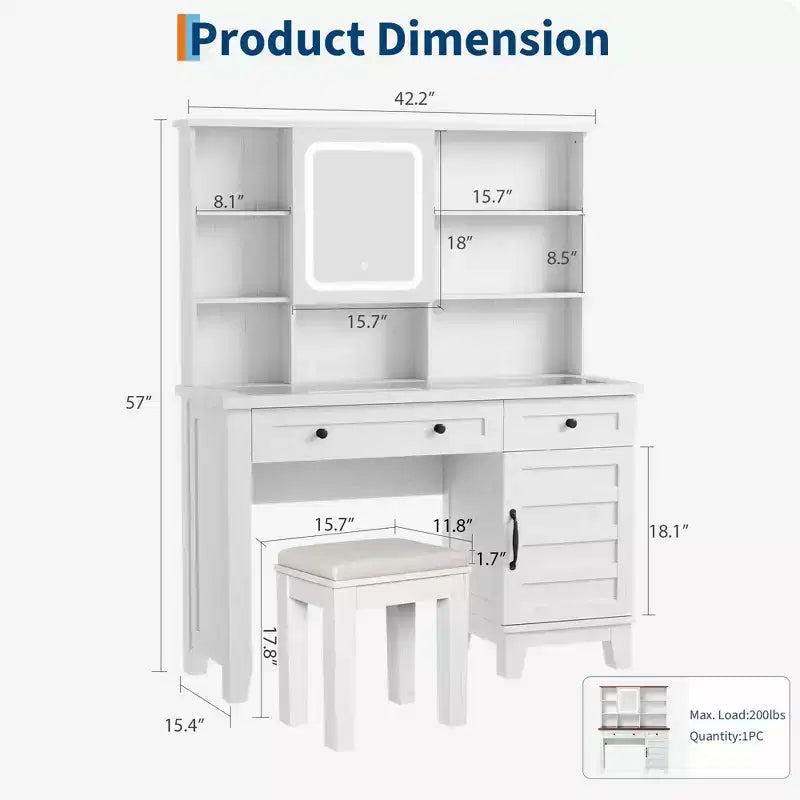 Coiffeuse de maquillage GustoWave, Coiffeuse avec miroir et lumières et prise de courant, Table de maquillage avec 2 tiroirs et tabouret rembourré, Table de maquillage